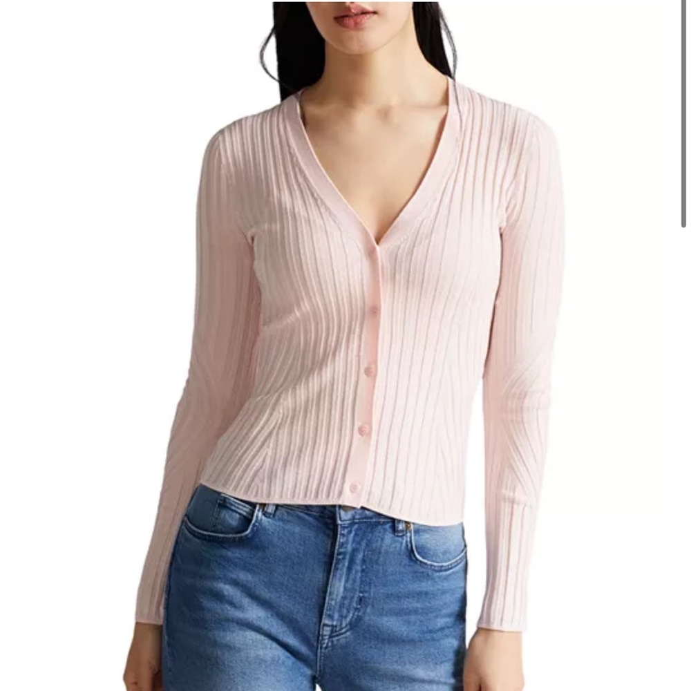 TED BAKER Ilanga V Neck Ribbed Cardigan In Light Pink‎ Size Small